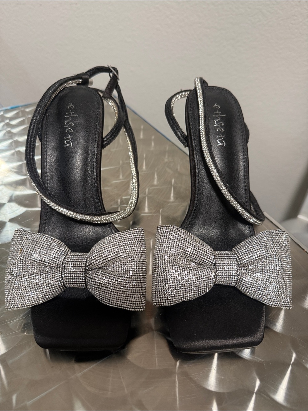 Black Slingback Heels with Silver Rhinestone Bow